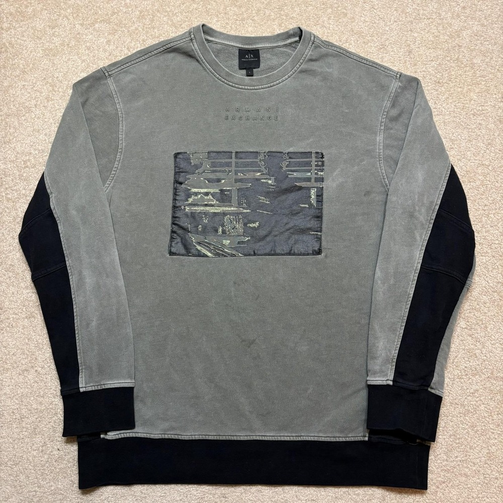 Armani Exchange Sweatshirt Mens Large Gray Black‎ Patch Graphic Crewneck Fleece